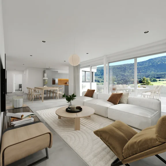 Vue du salon et la cuisine de l'appartement A12
